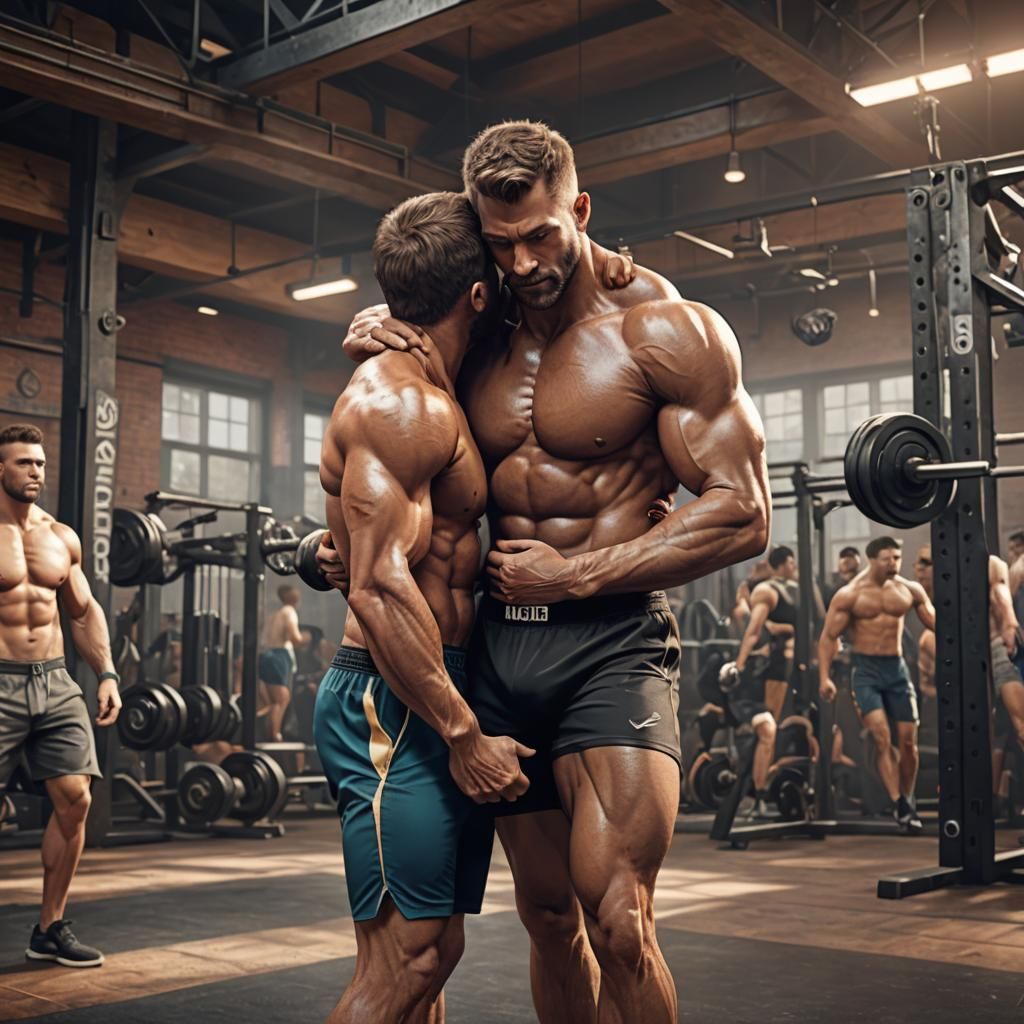Muscle Men Embrace: Detailed Fantasy Concept Art