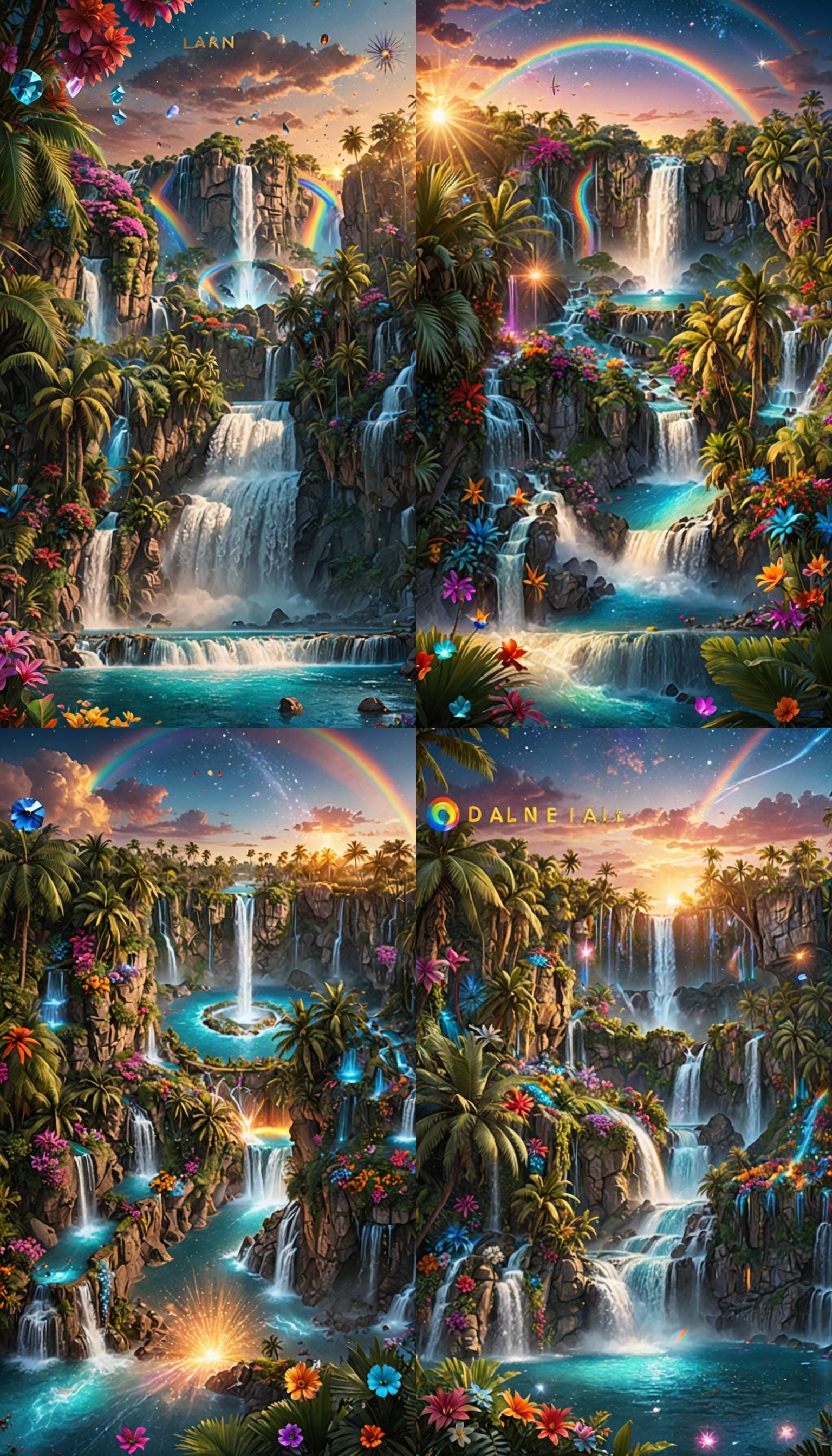 Magical Paradise: Sunset Waterfalls and Rainbow Crystals