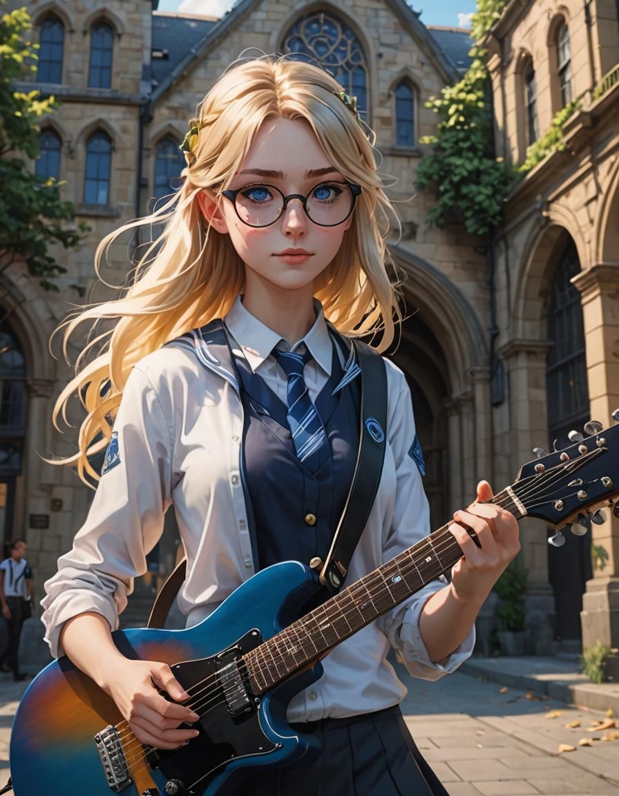 Anime Girl in School Uniform Playing Guitar