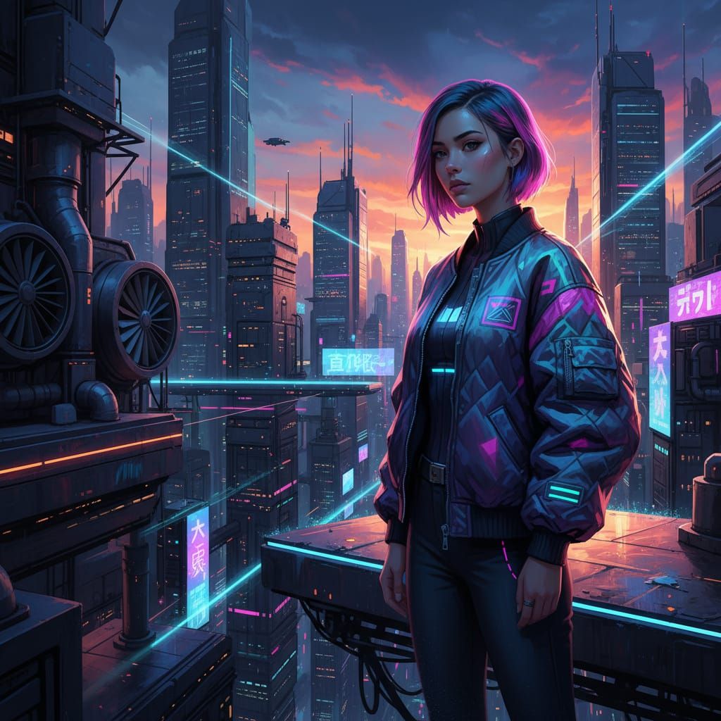 Futuristic Woman in Bomber Jacket, Neon Cityscape