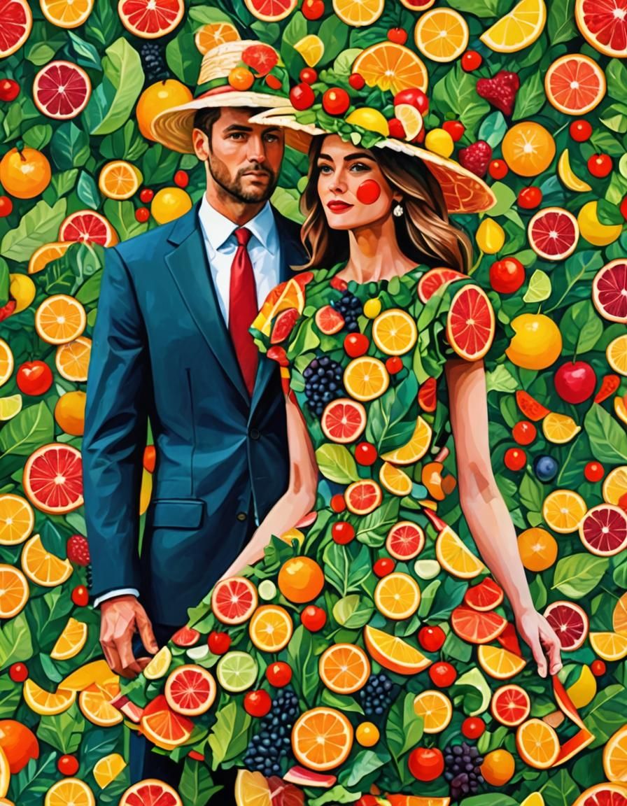 A lady in a dress made of vibrant colorful and juicy fruit s...