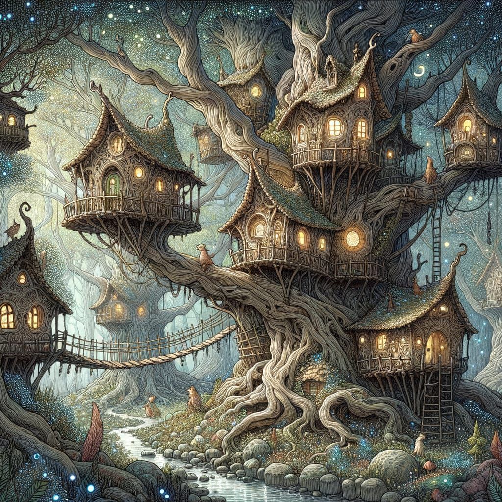 Enchanting Treehouse Village in Magical Forest, Fantasy Art