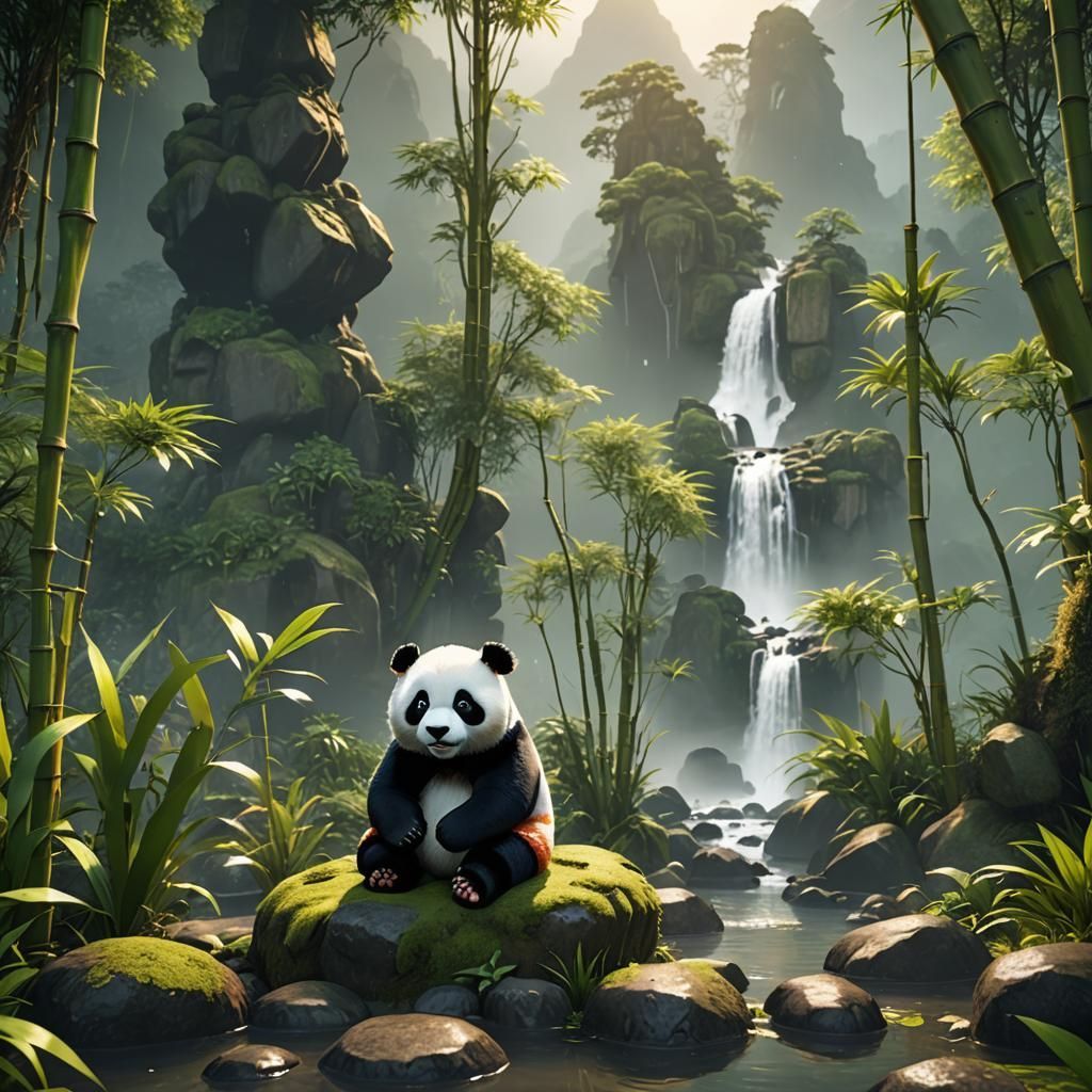 3D Game Cinematic Panda in Misty Bamboo Forest