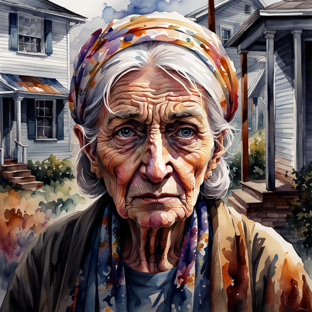 Sad Old Woman Portrait in Watercolor Style