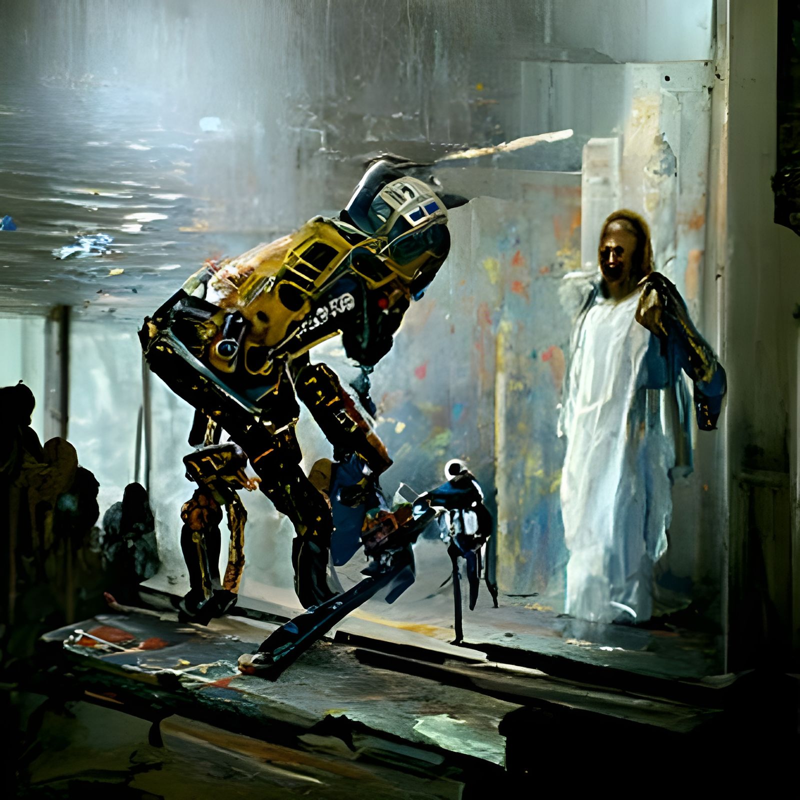 Jesus Christ Fighting Robots as Oil Painting