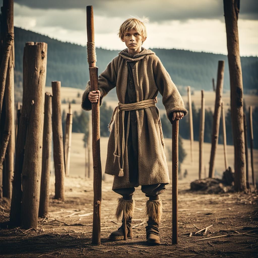 Young Shepherd Boy on Stilts: Cinematic Film Still