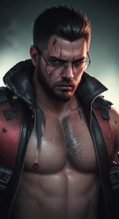 Wounded Cyborg in Synthwave Neon Landscape