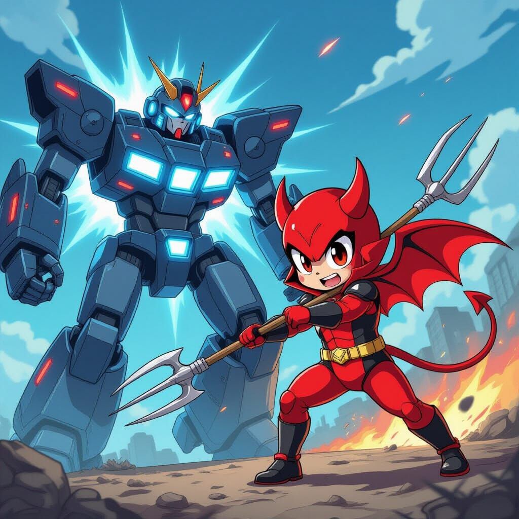Cute Devil Fights Giant Robot in Anime Style