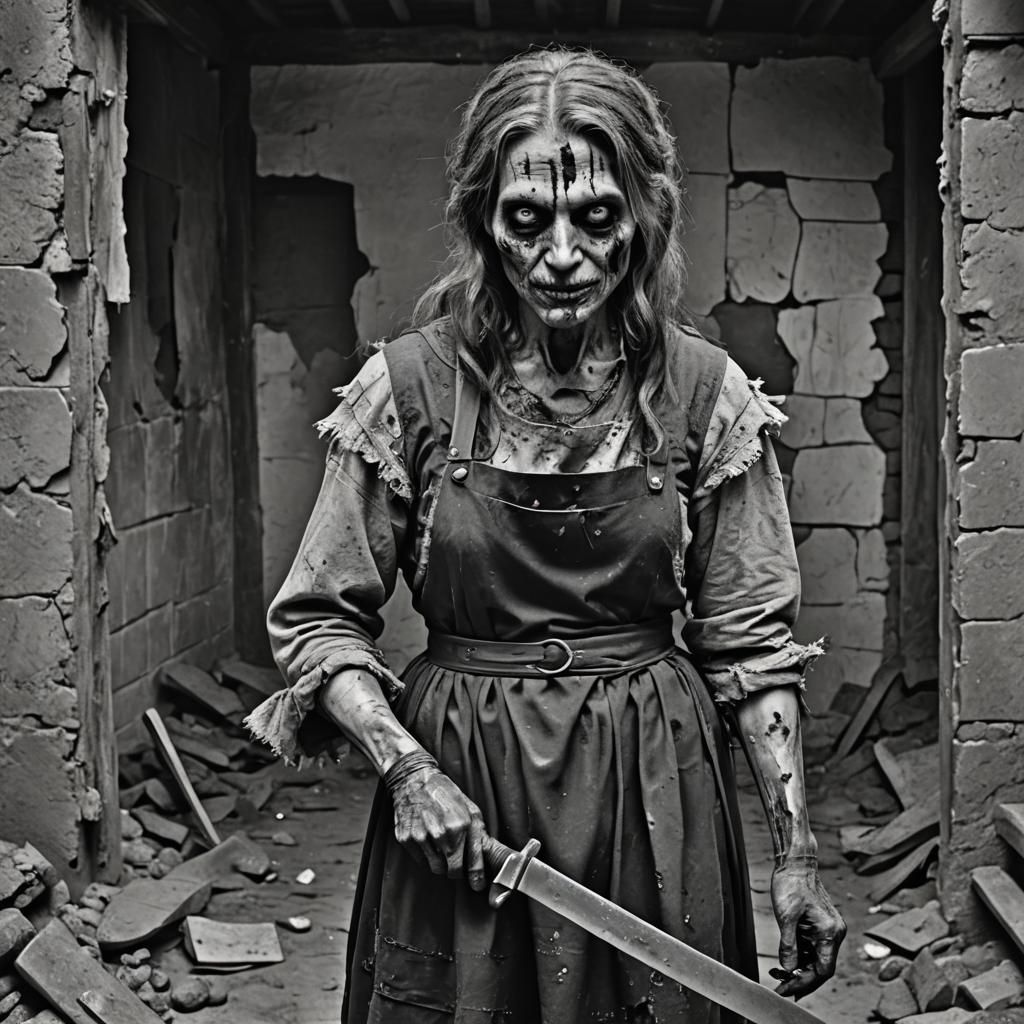 Zombie Woman with Cleaver in Ruined Hovel
