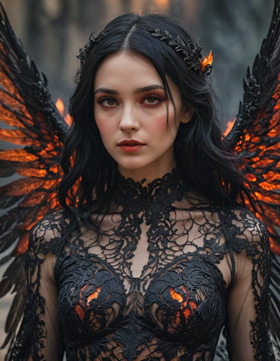 Ethereal Woman with Flame Wings Close-Up