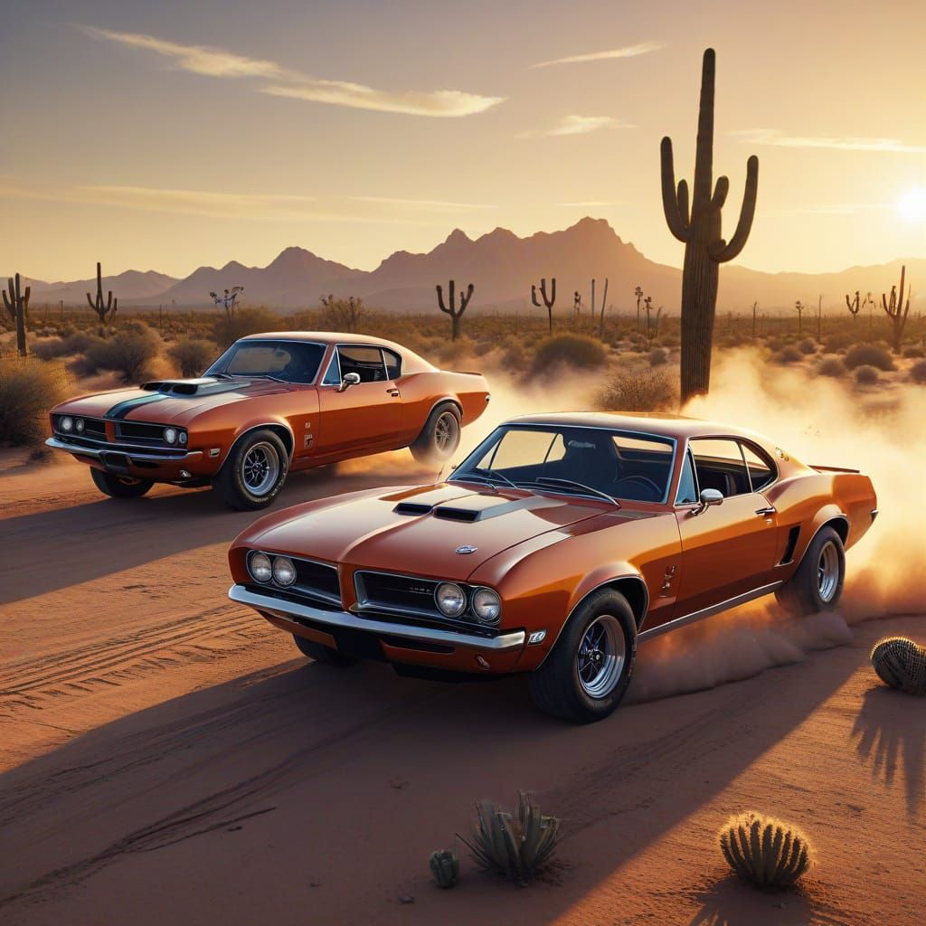 Classic Muscle Cars Race Through Desert Sunset