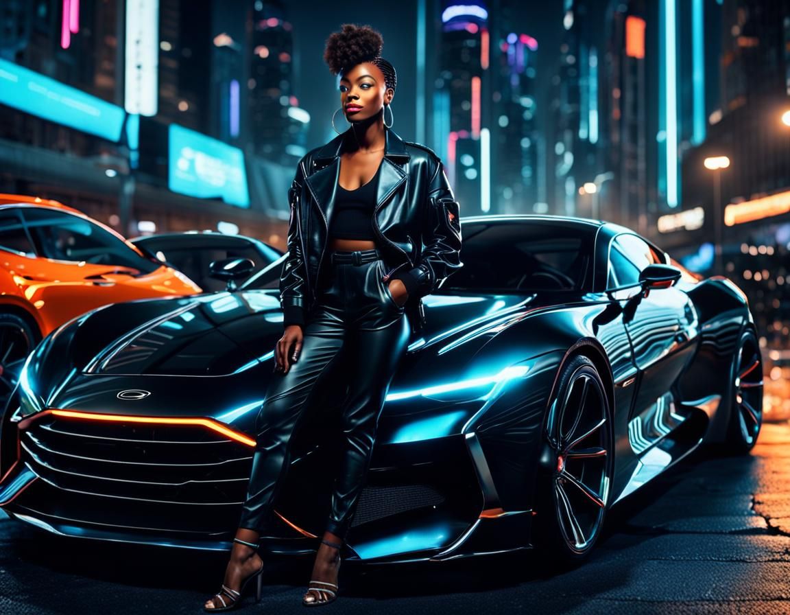 Elegant Woman in Cyberpunk City with Sports Car