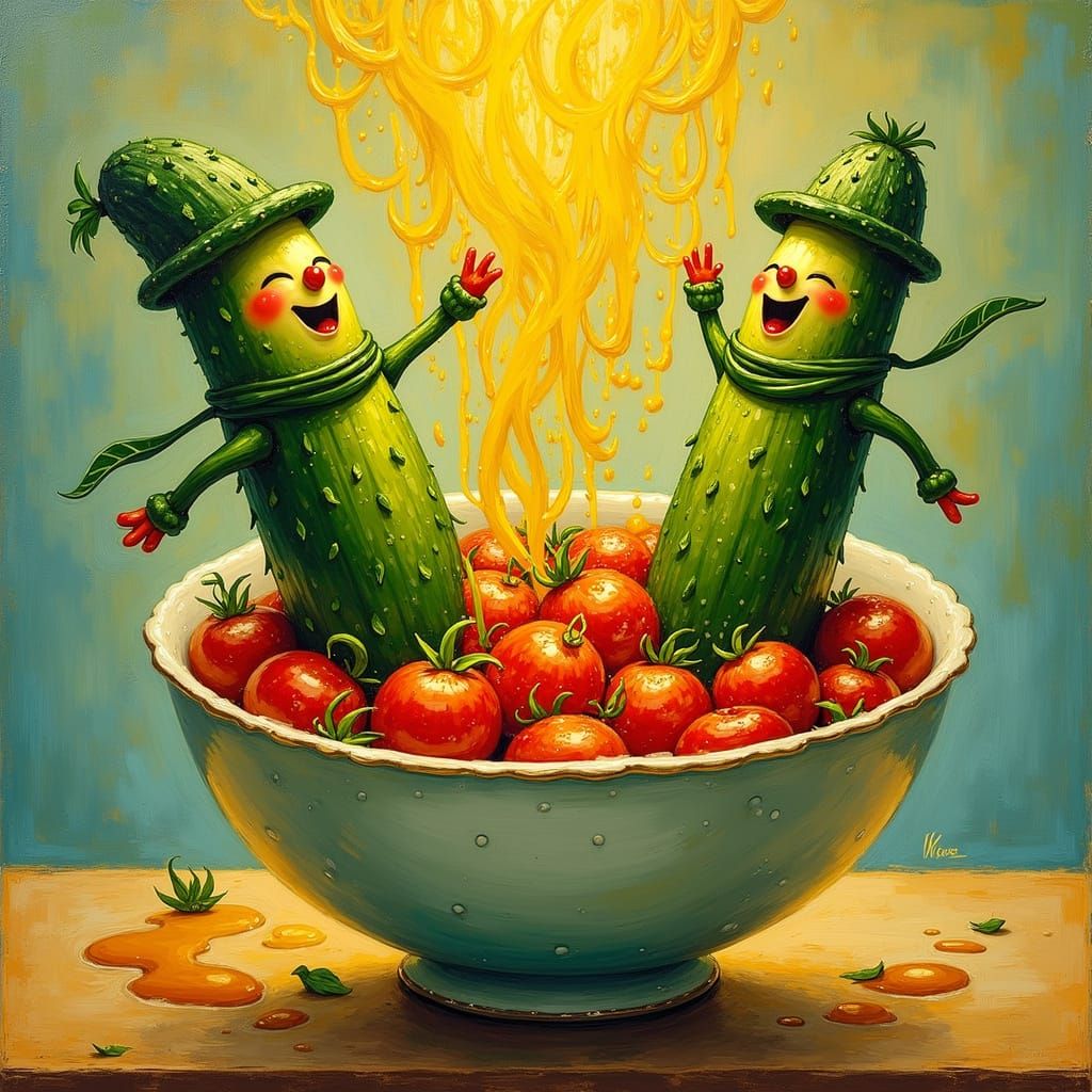 Joyful Vegetable Dance in Whimsical Salad Bowl Scene