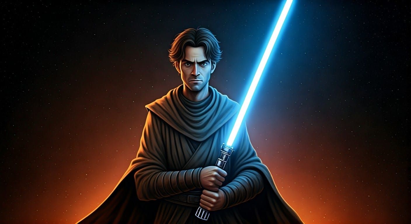 Young Wizard Wields Blue Lightsaber in Epic Star Wars Cartoo...