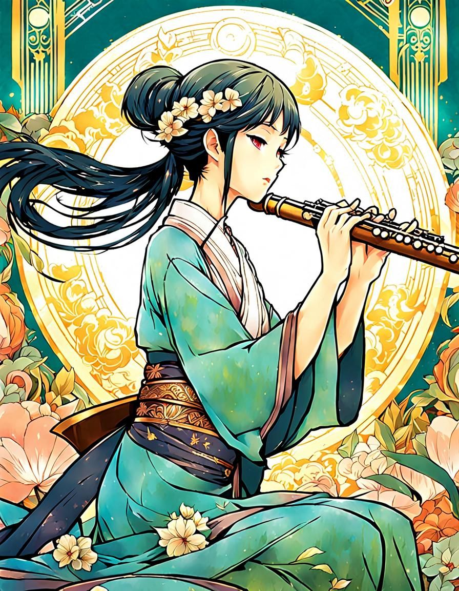 Anime Girl Playing Flute in Art Nouveau Style
