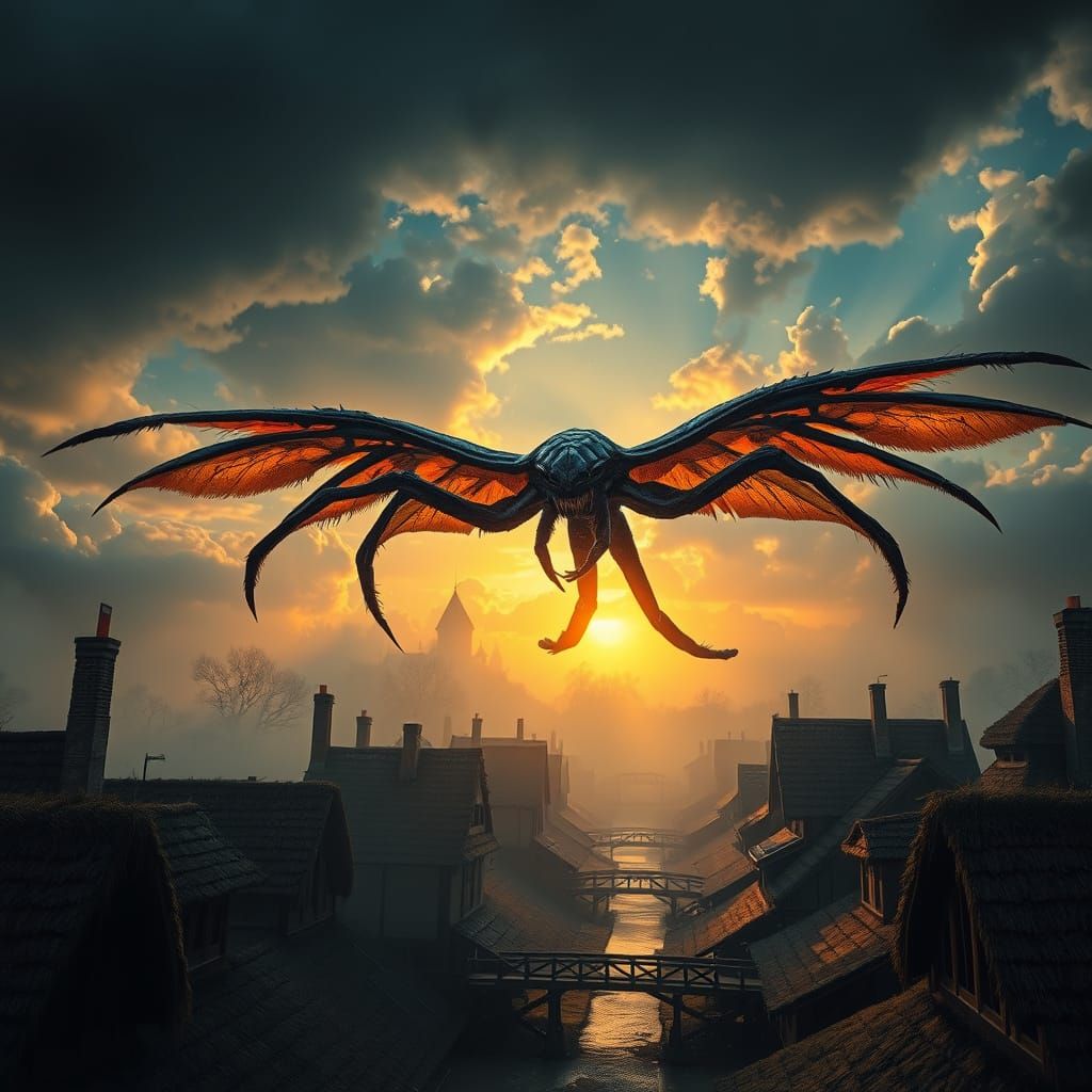 Majestic Spider-Cat Soars Over Medieval Village in Golden Li...