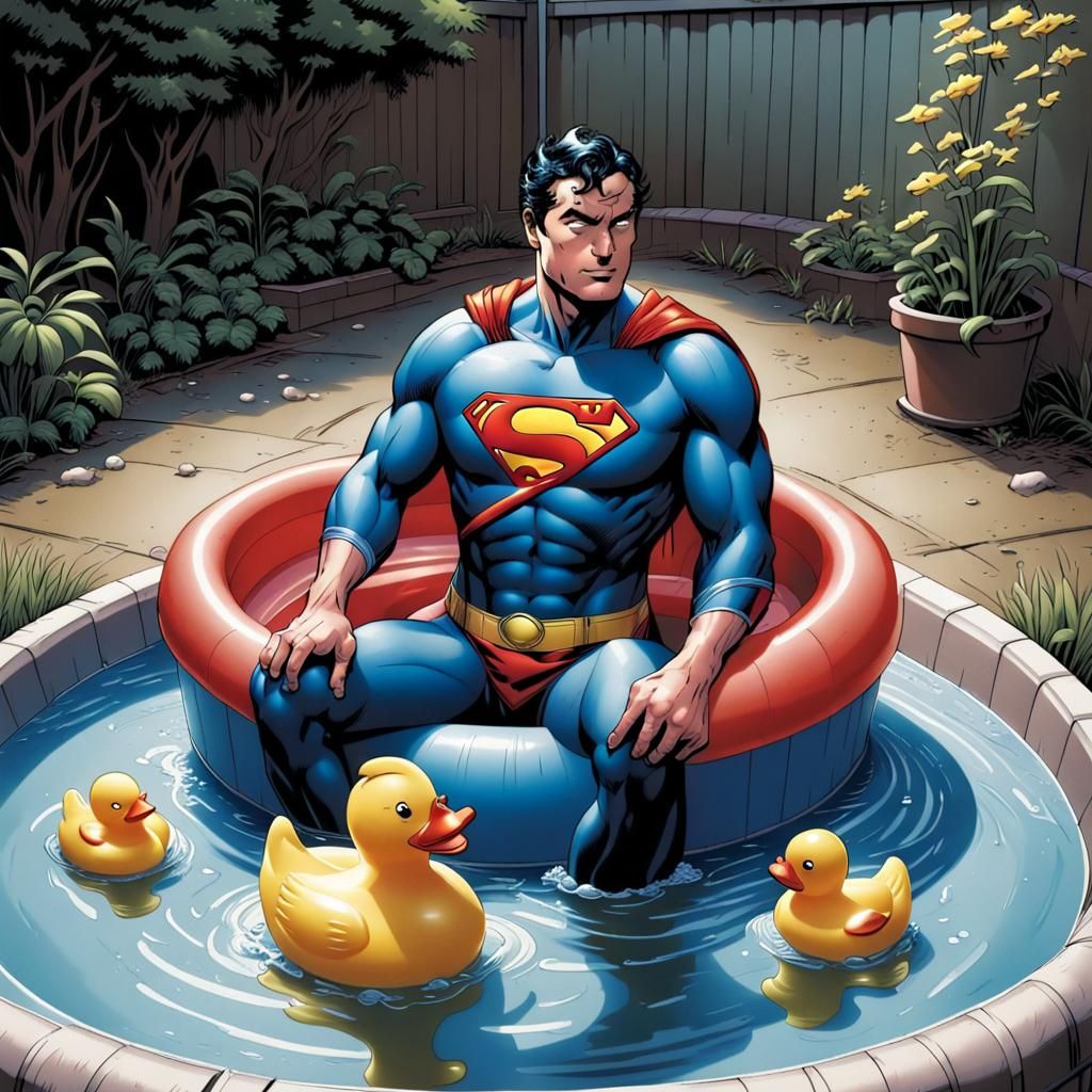 Superman Relaxing with Rubber Ducky: Comic Book Art