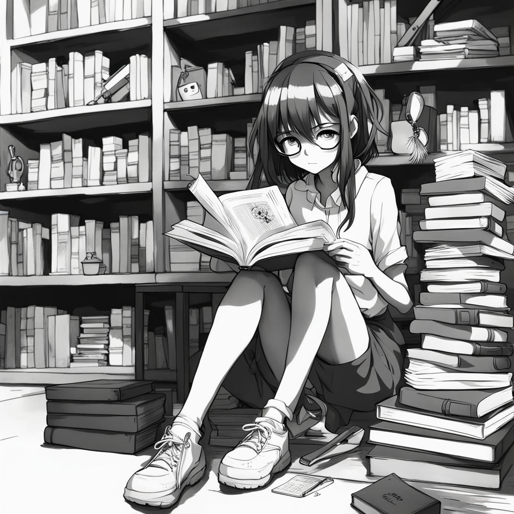 Anime Girl in Book World: Black and White Character Art