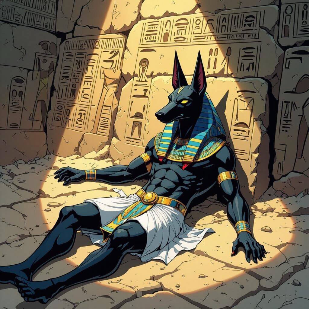 Anubis in Ancient Pit, Comic Book Art Style
