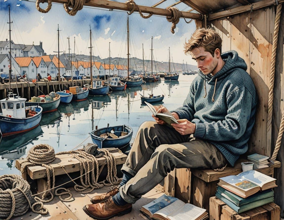 Fisherman Reading in Harbour: Ink and Watercolor