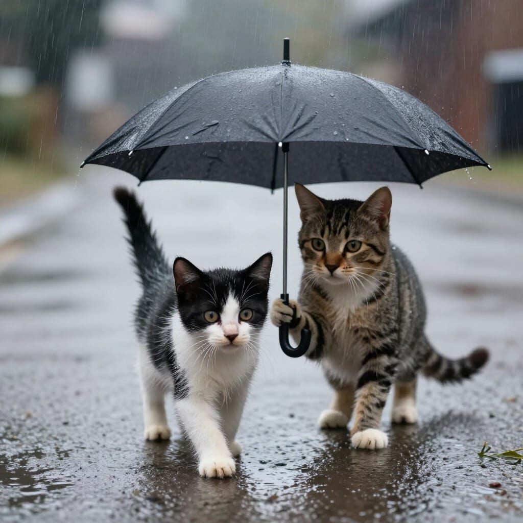 Drenched Kittens Share Umbrella in Melancholic Rain