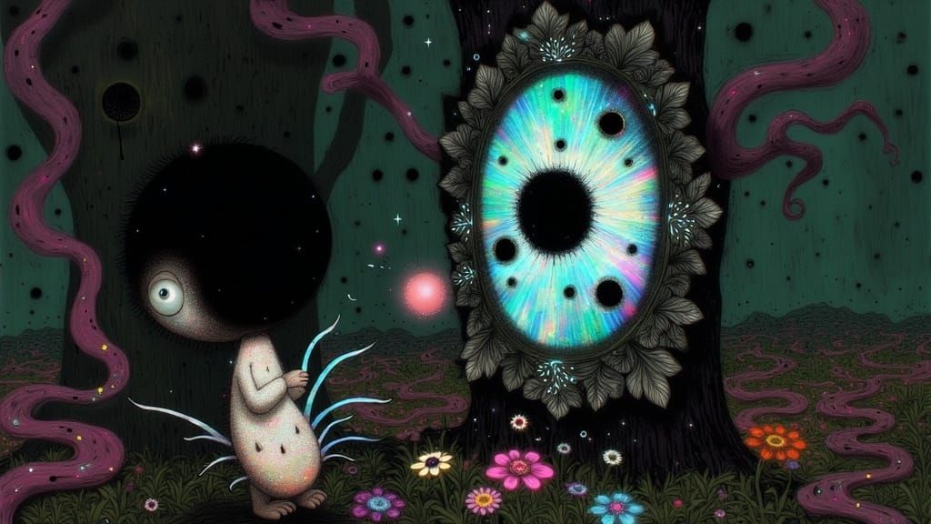 Whimsical Centipede Encounters Ethereal Mirror in Lush Encha...