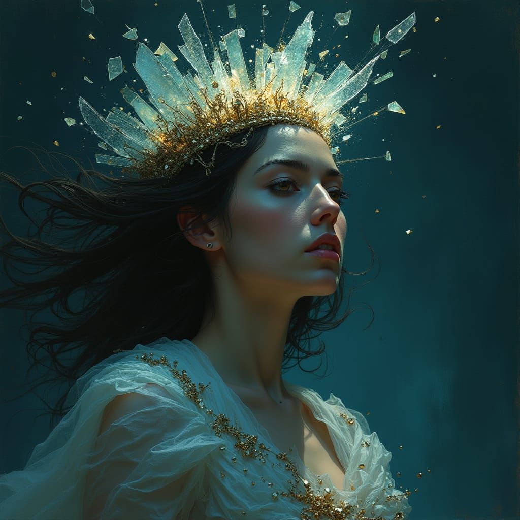 Regal Woman Crowned in Shattered Glass Amidst Dark Fantasy S...