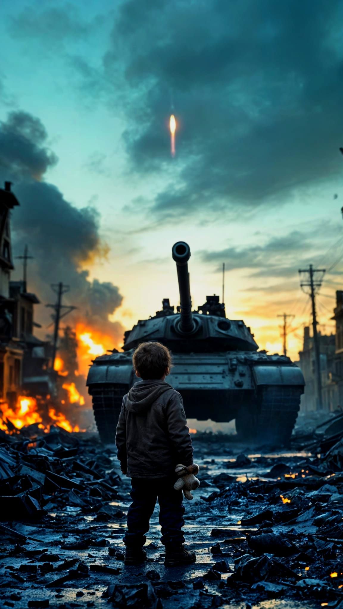 Child Confronts Tank in War Zone: Cinematic Scene