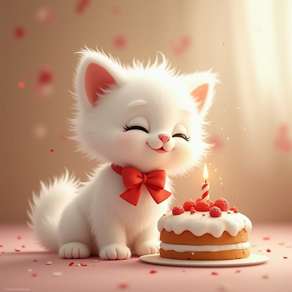 Whimsical 3D Scene of Kitten and Cake in Dreamy Background