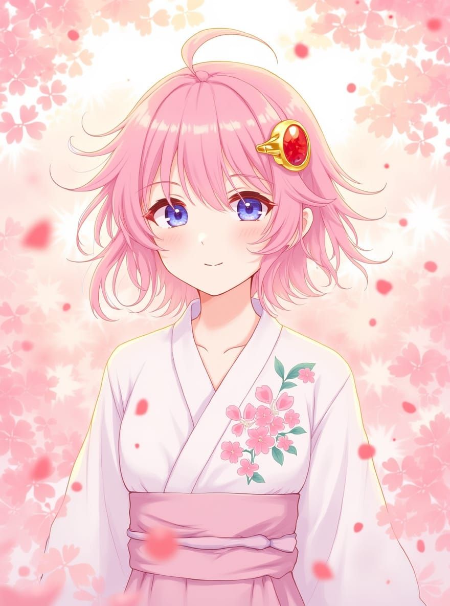 Anime Girl in Kimono Under Cherry Blossoms