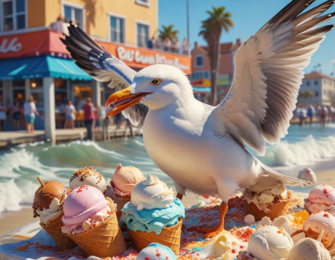 Seagull Steals Ice Cream, Venice Beach Oil Painting