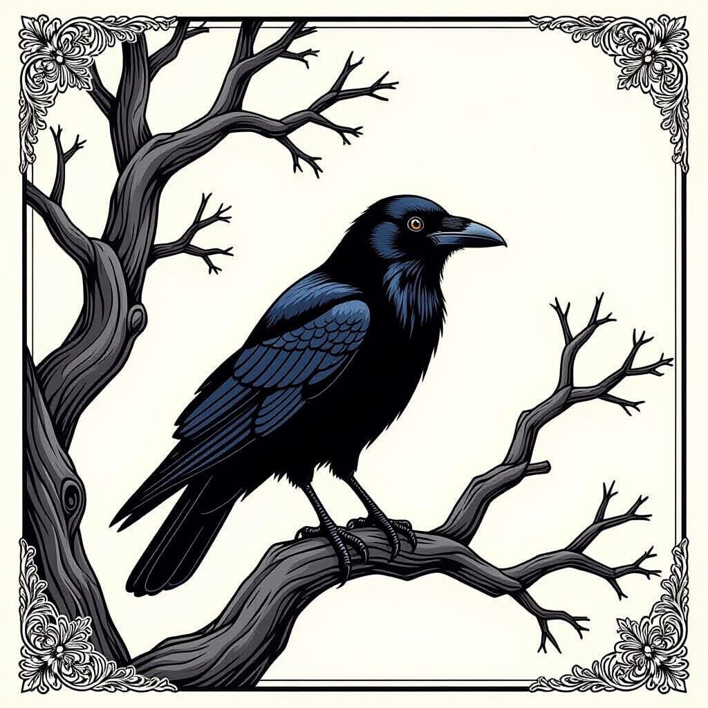 Detailed Line Art Crow on Tree Branch Vector Illustration