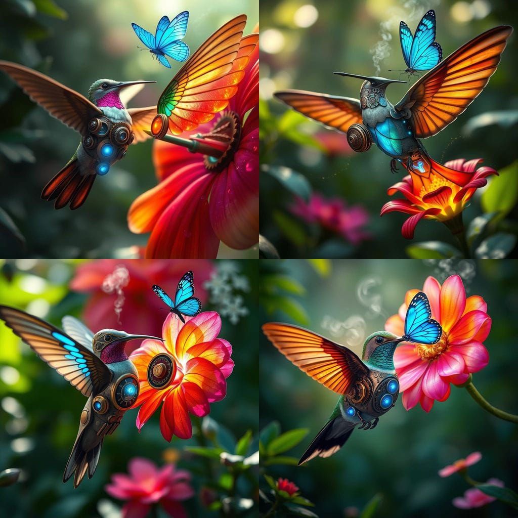 Steampunk Hummingbird with Exotic Flower in Jungle