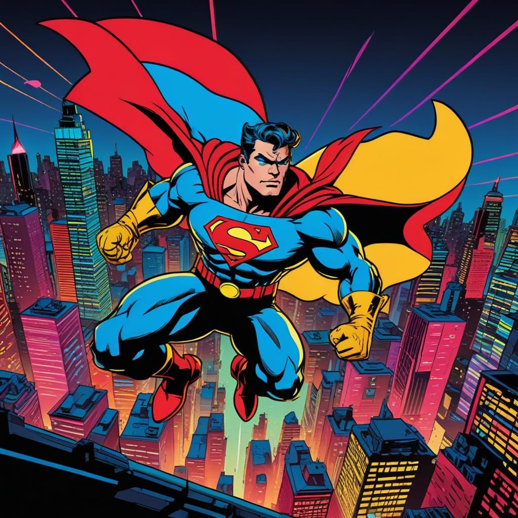 Superhero Soars Over Neon City in Dynamic Jack Kirby Style