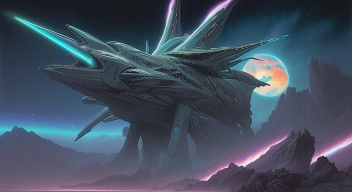 Retro-Futuristic Sci-Fi Landscape with Alien Creature