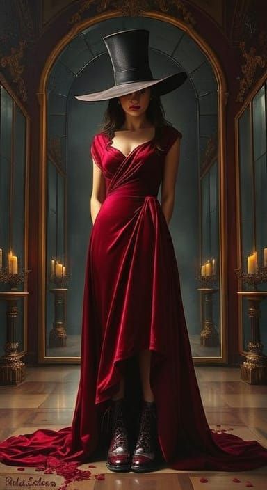Woman in Ruby Gown in Baroque Oil Painting Style