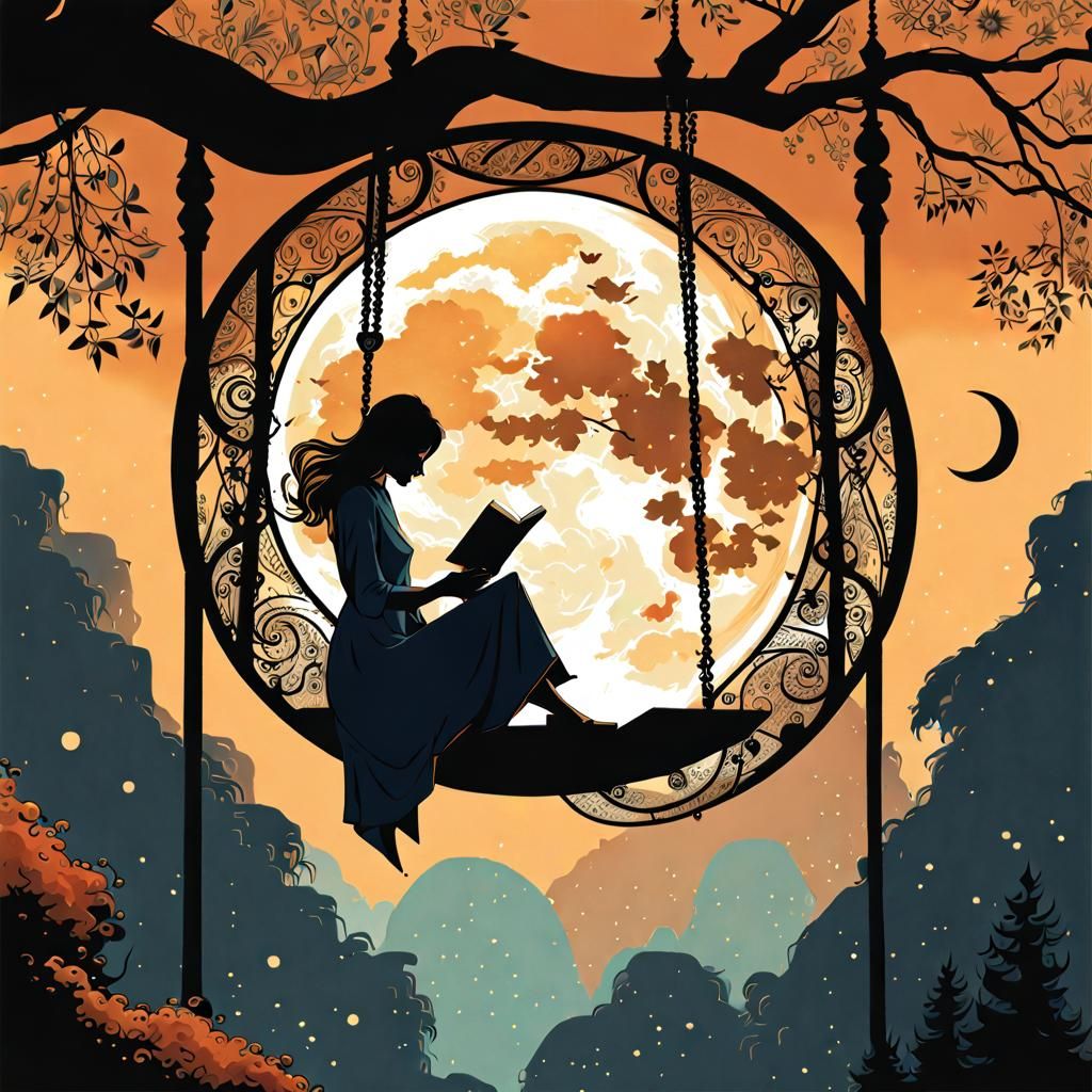 Woman Reads on Moon Swing: Surreal Digital Art