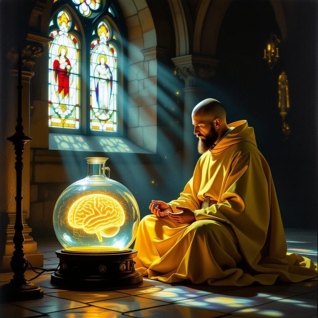 Monk Meditating Beside Glowing Brain in Chiaroscuro Oil Pain...