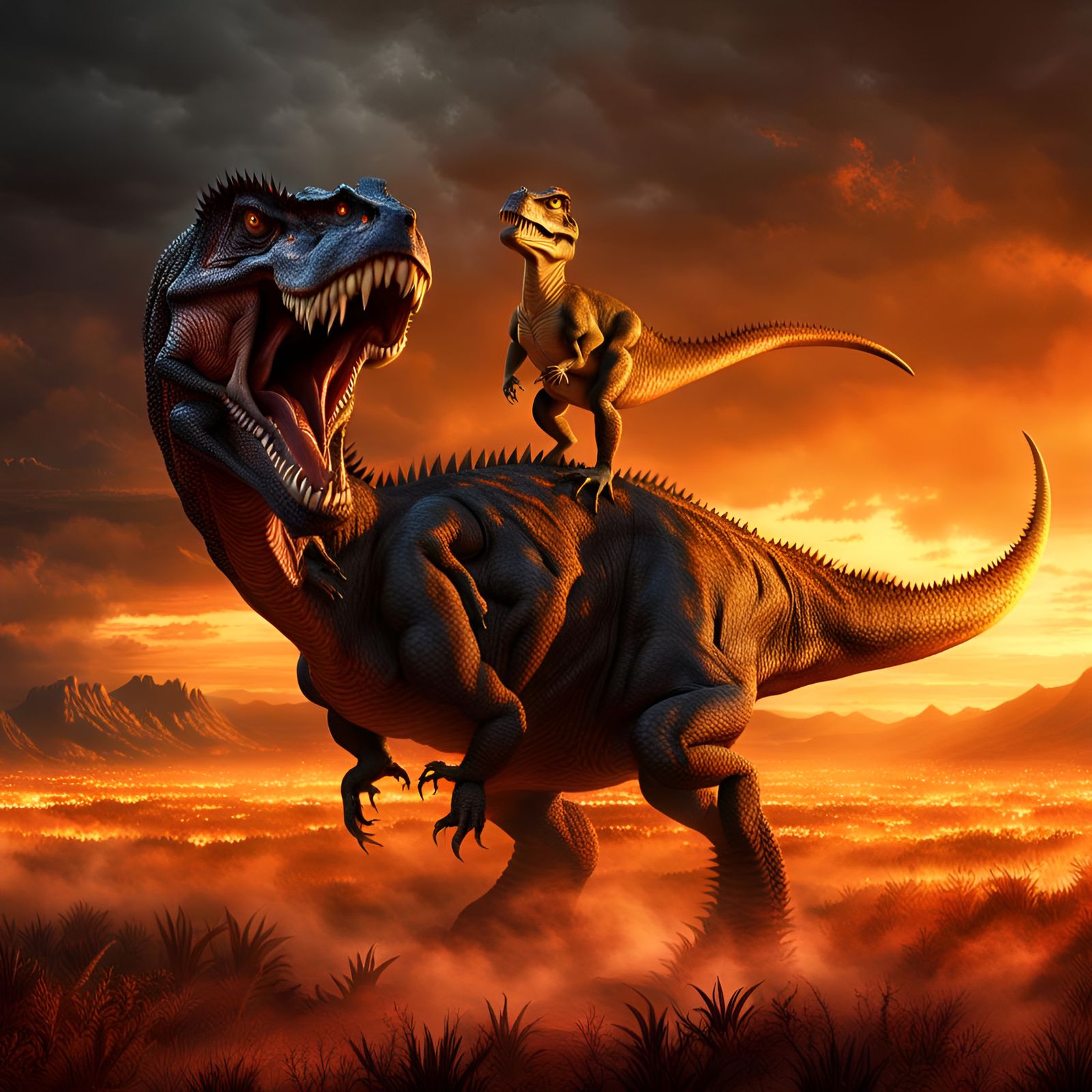 Dryosaurus and Tyrannosaurus epic scene.