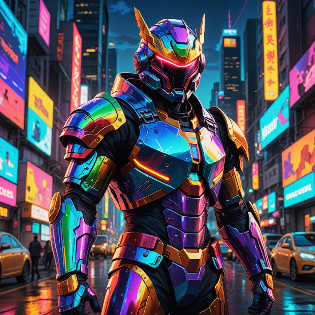 Heroic Tyler in Rainbow Armor, Vibrant Cityscape