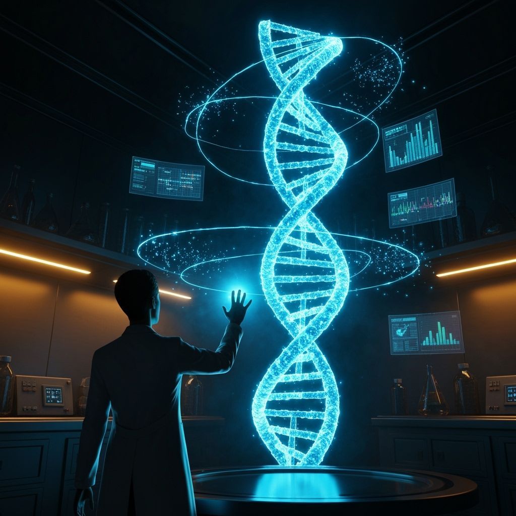 Sci-Fi Scientist Interacts with Luminous DNA Hologram