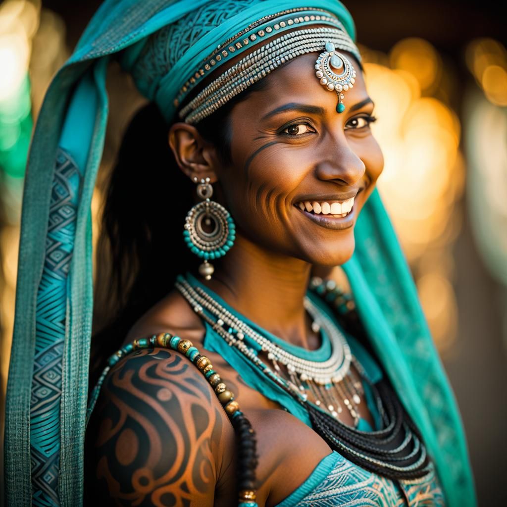 Tattooed Indian Tribal Woman with Green Eyes