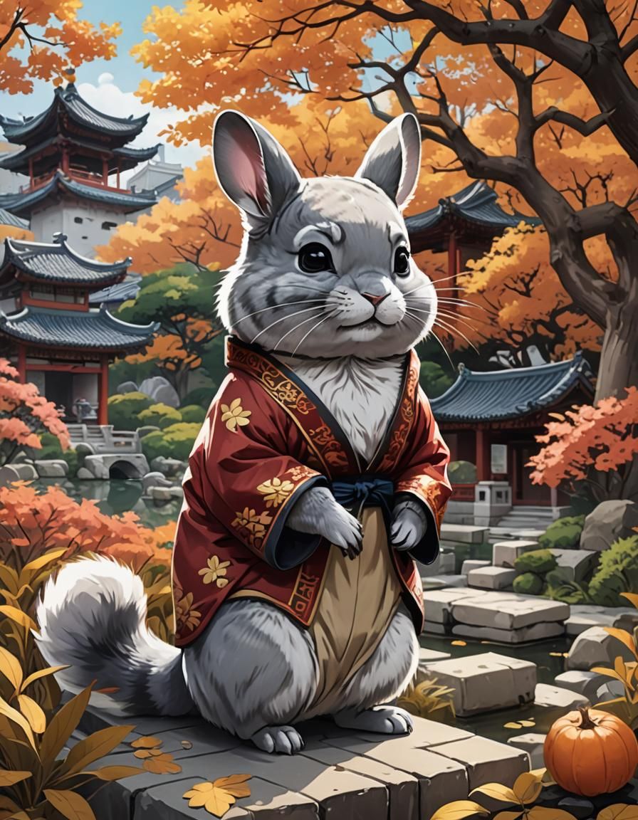 Chinchilla in Autumn Chinese Garden: Anime Style