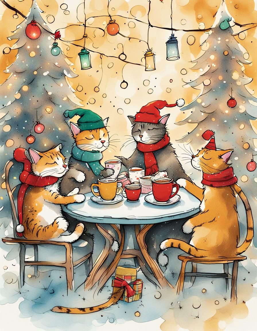 Whimsical Christmas Scene with Cats and Dogs in Festive Hats