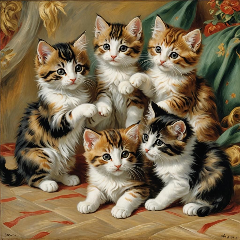 Kittens Playing, in Impressionist Style
