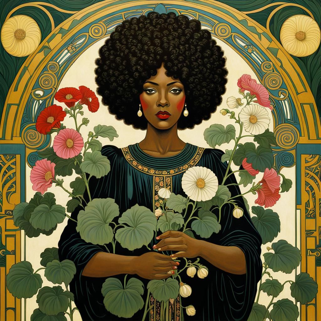 Black Woman with Hollyhocks in Art Nouveau Style