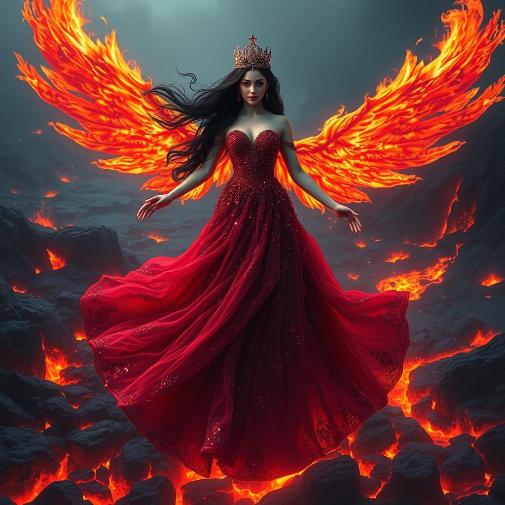 Radiant Princess Defies Gravity in a Fiery, Volcanic Landsca...