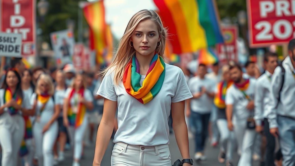 Woman at Hasselt Pride Parade in Photorealistic Style