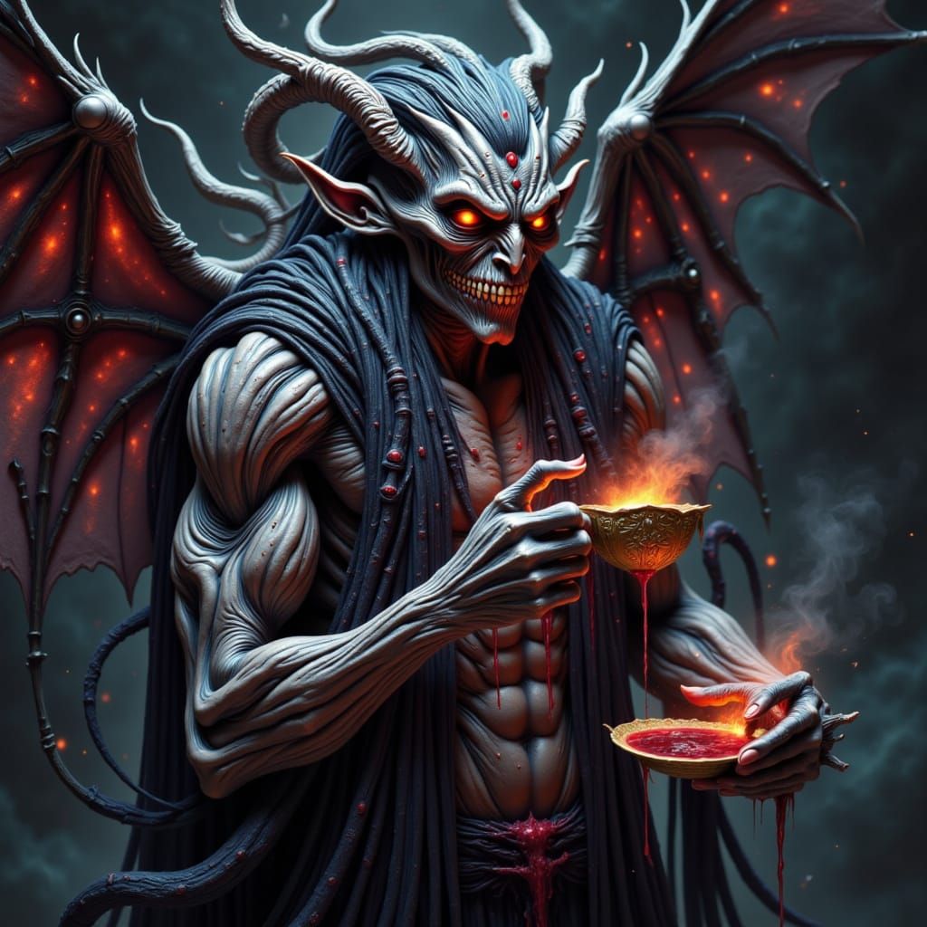 Cosmic Horror Being Sips Blood in Dark, Abyssal Scene