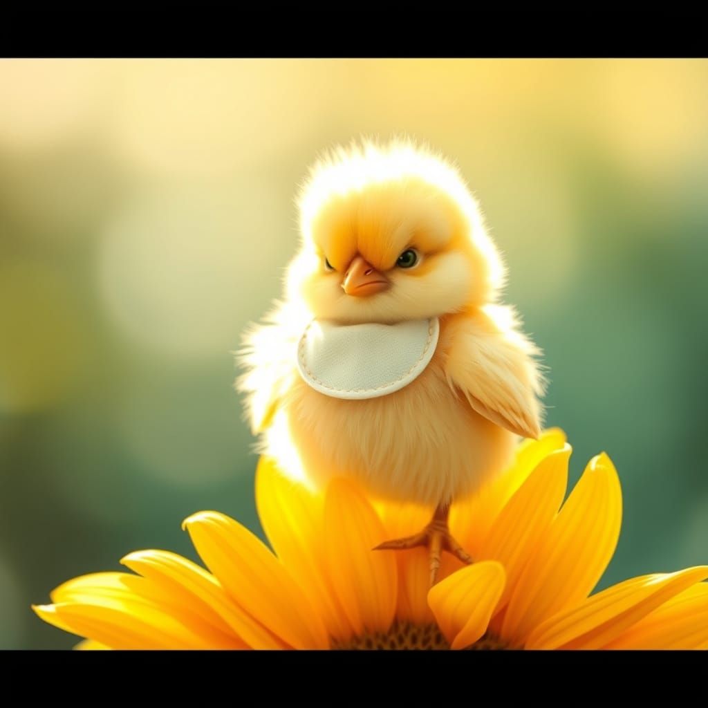 Grumpy Chick on Sunflower Petal in Pastel